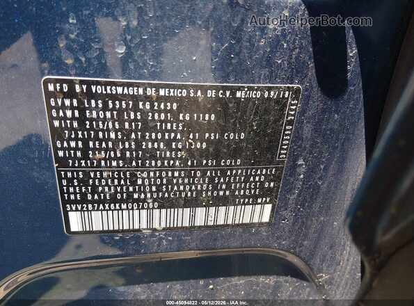3VV2B7AX6KM007060 2019 VOLKSWAGEN TIGUAN Dark Blue Вид подкапотного пространства