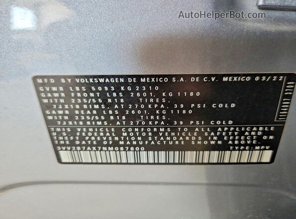 3VV2B7AX7NM087800 2022 VOLKSWAGEN TIGUAN Gray Vista de la etiqueta del VIN