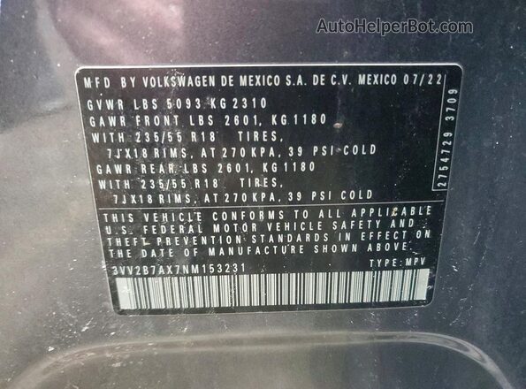 3VV2B7AX7NM153231 2022 VOLKSWAGEN TIGUAN Gray VIN კოდის სტიკერის ხედი