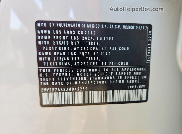 3VV2B7AX8JM042259 2018 VOLKSWAGEN TIGUAN White სალონის 360-გრადუსიანი ხედი