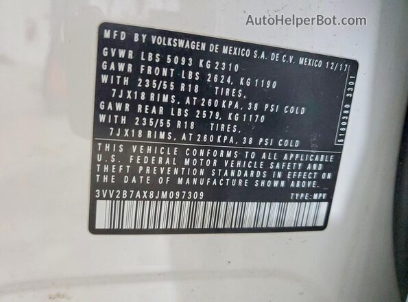 3VV2B7AX8JM097309 2018 VOLKSWAGEN TIGUAN Белый Вид наклейки с VIN-кодом