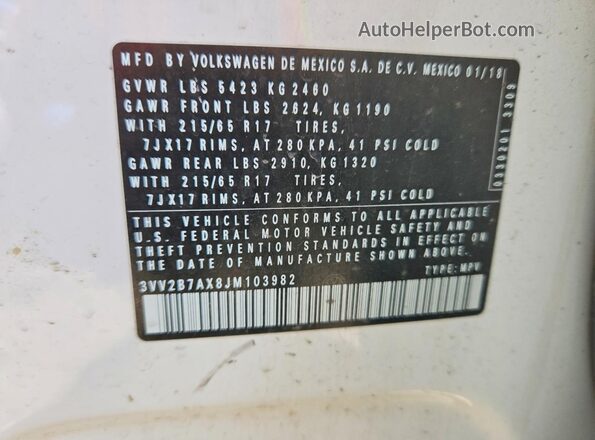 3VV2B7AX8JM103982 2018 VOLKSWAGEN TIGUAN Белый Вид наклейки с VIN-кодом