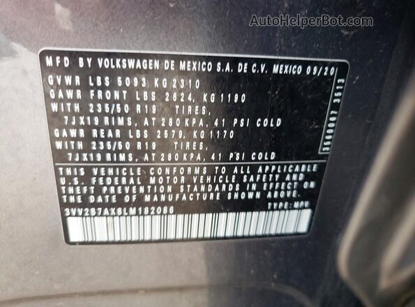 3VV2B7AX8LM182086 2020 VOLKSWAGEN TIGUAN Gray Widok naklejki z numerem VIN