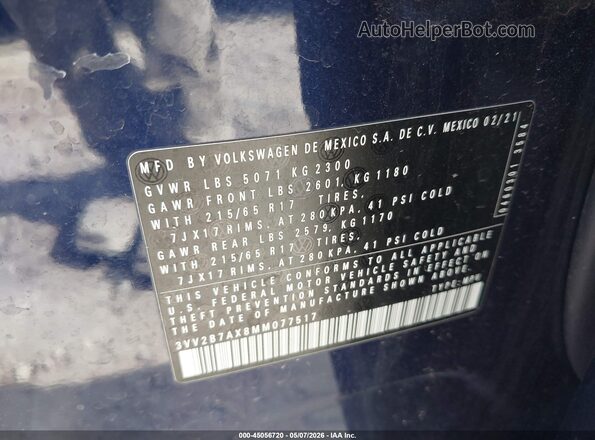 3VV2B7AX8MM077517 2021 VOLKSWAGEN TIGUAN Синий Вид подкапотного пространства