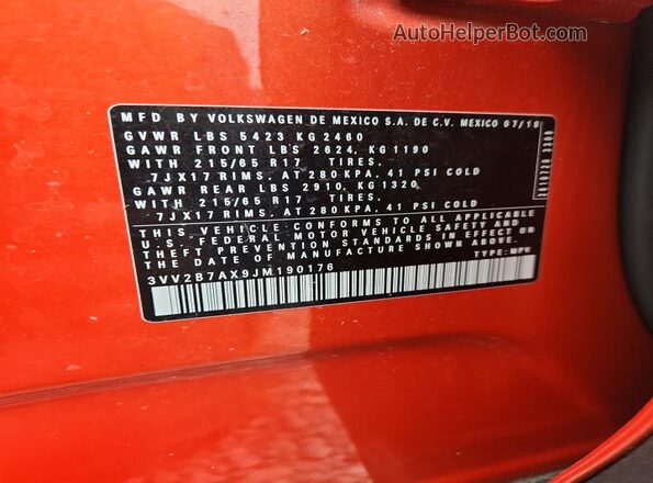 3VV2B7AX9JM190176 2018 VOLKSWAGEN TIGUAN Orange Widok wnętrza 360 stopni