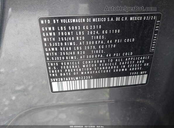 3VV2B7AX9LM122351 2020 VOLKSWAGEN TIGUAN Gray Vista del compartimento del motor