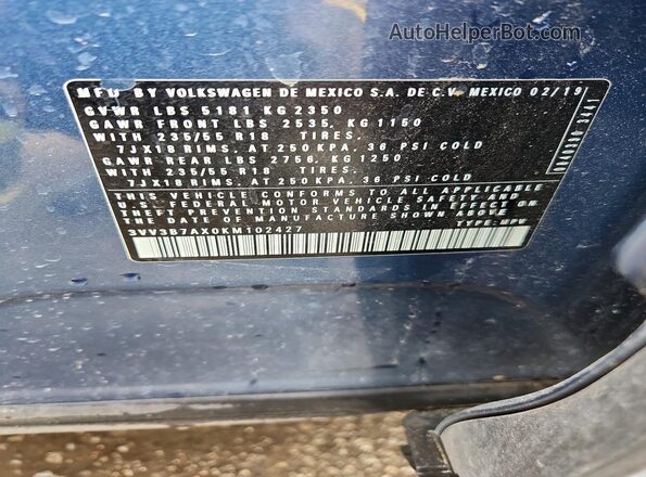 3VV3B7AX0KM102427 2019 VOLKSWAGEN TIGUAN Синий Вид наклейки с VIN-кодом