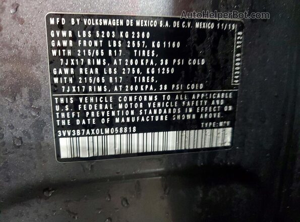 3VV3B7AX0LM058818 2020 VOLKSWAGEN TIGUAN Серый Вид наклейки с VIN-кодом