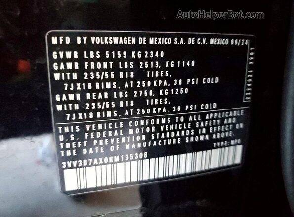 3VV3B7AX0RM135308 2024 VOLKSWAGEN TIGUAN Черный Панорамный вид салона 360°