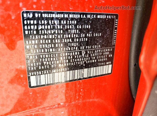 3VV3B7AX1JM038591 2018 VOLKSWAGEN TIGUAN Оранжевый Вид подкапотного пространства