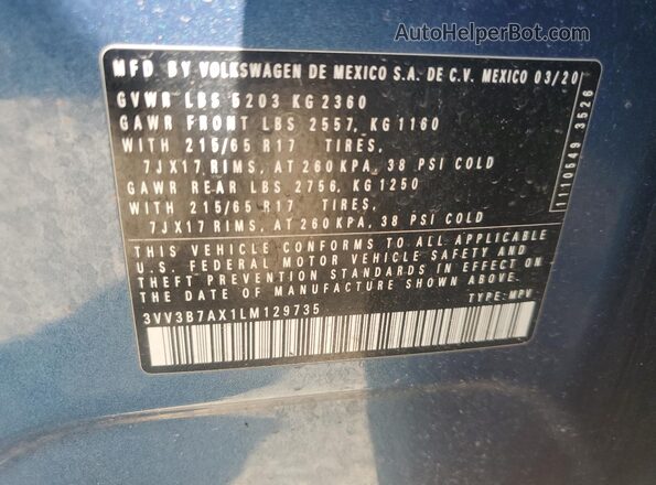 3VV3B7AX1LM129735 2020 VOLKSWAGEN TIGUAN Синий Вид наклейки с VIN-кодом