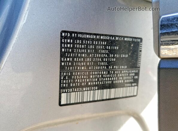3VV3B7AX3LM061938 2020 VOLKSWAGEN TIGUAN Silver სალონის 360-გრადუსიანი ხედი