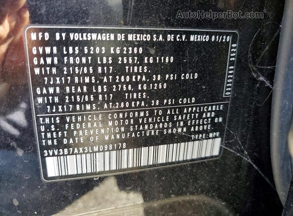 3VV3B7AX3LM098178 2020 VOLKSWAGEN TIGUAN Черный Вид наклейки с VIN-кодом