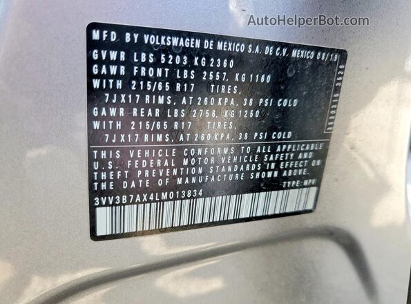 3VV3B7AX4LM013834 2020 VOLKSWAGEN TIGUAN Серебряный Вид наклейки с VIN-кодом