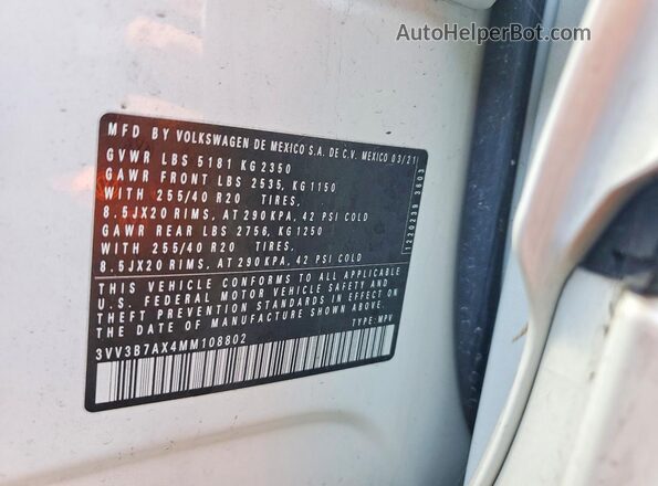3VV3B7AX4MM108802 2021 VOLKSWAGEN TIGUAN White Вид наклейки з VIN-кодом