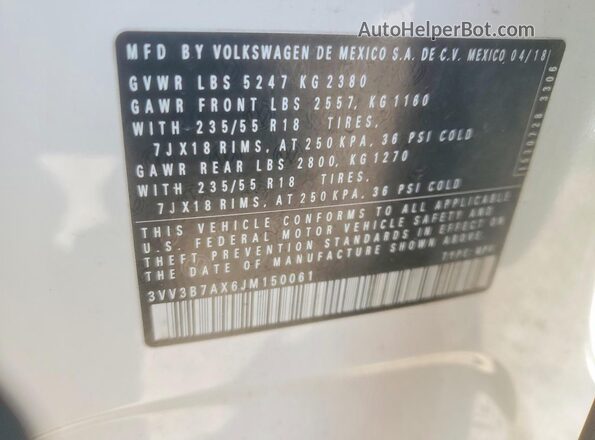 3VV3B7AX6JM150061 2018 VOLKSWAGEN TIGUAN Белый Вид наклейки с VIN-кодом