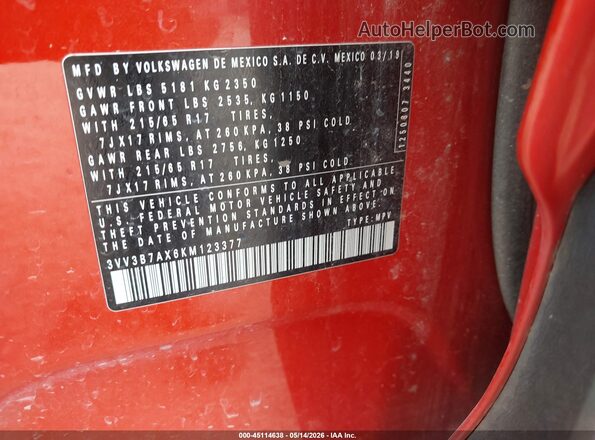 3VV3B7AX6KM123377 2019 VOLKSWAGEN TIGUAN Orange Вид підкапотного простору