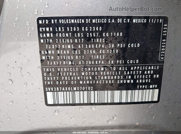 3VV3B7AX6LM070102 2020 VOLKSWAGEN TIGUAN Серебряный Вид подкапотного пространства