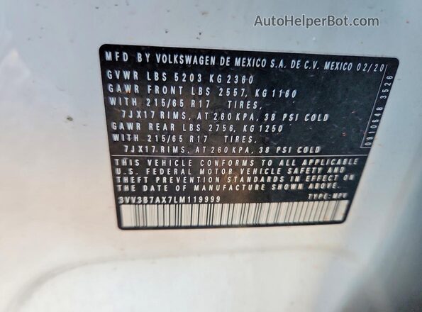 3VV3B7AX7LM119999 2020 VOLKSWAGEN TIGUAN Белый Панорамный вид салона 360°
