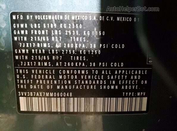 3VV3B7AX7MM060048 2021 VOLKSWAGEN TIGUAN Синий Вид наклейки с VIN-кодом