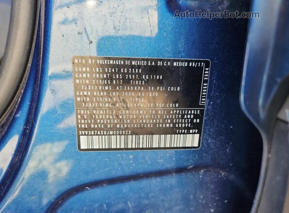 3VV3B7AX8JM000923 2018 VOLKSWAGEN TIGUAN Синий Вид наклейки с VIN-кодом