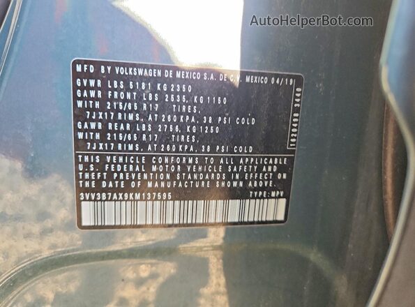 3VV3B7AX9KM137595 2019 VOLKSWAGEN TIGUAN Teal Vista del compartimento del motor