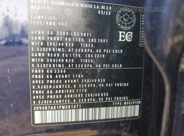 3VV4B7AX1PM081471 2023 VOLKSWAGEN TIGUAN Синий Вид наклейки с VIN-кодом