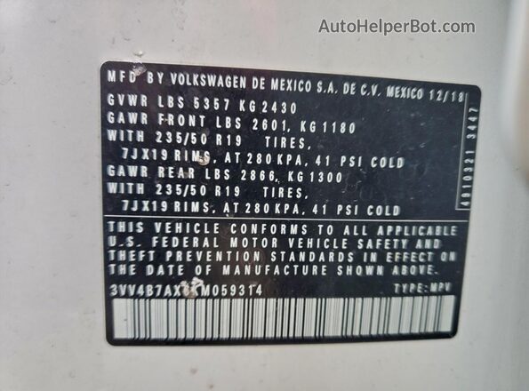 3VV4B7AX6KM059314 2019 VOLKSWAGEN TIGUAN Белый Панорамный вид салона 360°