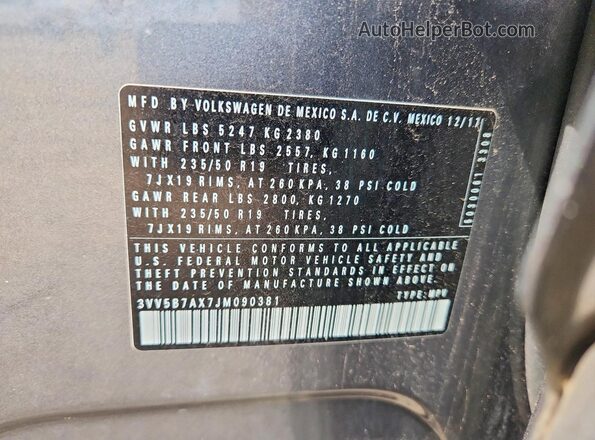 3VV5B7AX7JM090381 2018 VOLKSWAGEN TIGUAN Серый Вид наклейки с VIN-кодом