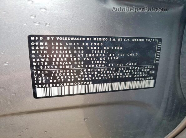 3VV8B7AX6RM007208 2024 VOLKSWAGEN TIGUAN Серый Панорамный вид салона 360°
