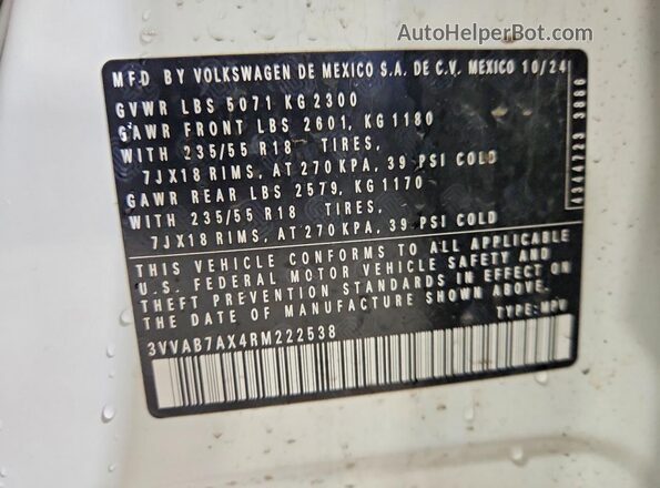 3VVAB7AX4RM222538 2024 VOLKSWAGEN TIGUAN White Widok naklejki z numerem VIN