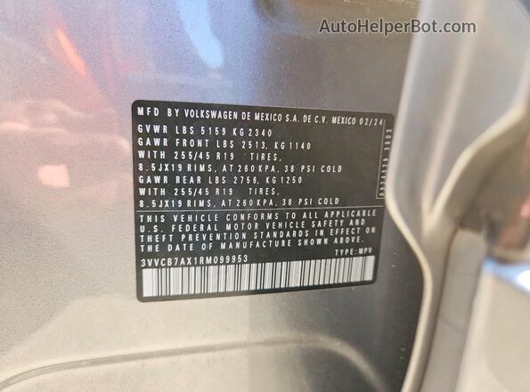 3VVCB7AX1RM099953 2024 VOLKSWAGEN TIGUAN Silver Widok naklejki z numerem VIN
