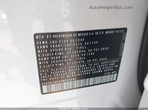 3VVCB7AX4PM024564 2023 VOLKSWAGEN TIGUAN White Շարժիչի բաժամունքի տեսք