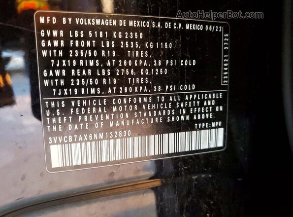 3VVCB7AX6NM132830 2022 VOLKSWAGEN TIGUAN Черный Панорамный вид салона 360°