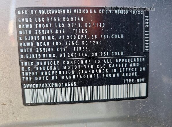 3VVCB7AXXPM016565 2023 VOLKSWAGEN TIGUAN Серый Вид наклейки с VIN-кодом