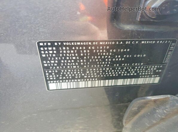 3VVCX7B28NM028344 2022 VOLKSWAGEN TAOS Gray Widok naklejki z numerem VIN