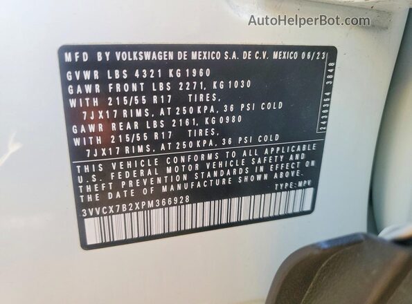 3VVCX7B2XPM366928 2023 VOLKSWAGEN TAOS White Widok naklejki z numerem VIN