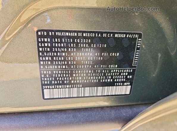 3VVGR7RMXSM012256 2025 VOLKSWAGEN TIGUAN Gray Вид наклейки з VIN-кодом