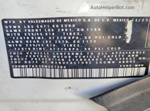 3VVMB7AX3RM067364 2024 VOLKSWAGEN TIGUAN White Вид наклейки з VIN-кодом