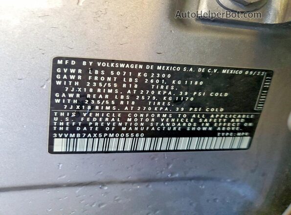 3VVMB7AX5PM005560 2023 VOLKSWAGEN TIGUAN Серый Вид наклейки с VIN-кодом