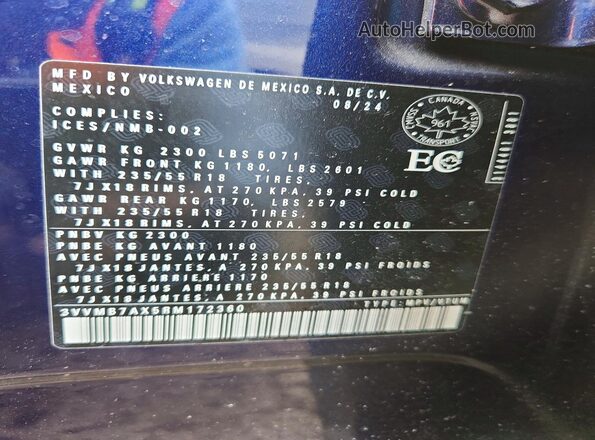 3VVMB7AX5RM172360 2024 VOLKSWAGEN TIGUAN Blue VIN sticker view