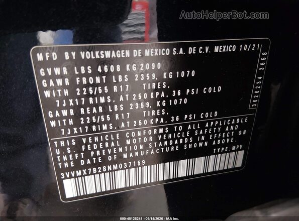 3VVMX7B28NM037159 2022 VOLKSWAGEN TAOS Black ძრავის განყოფილების ხედი