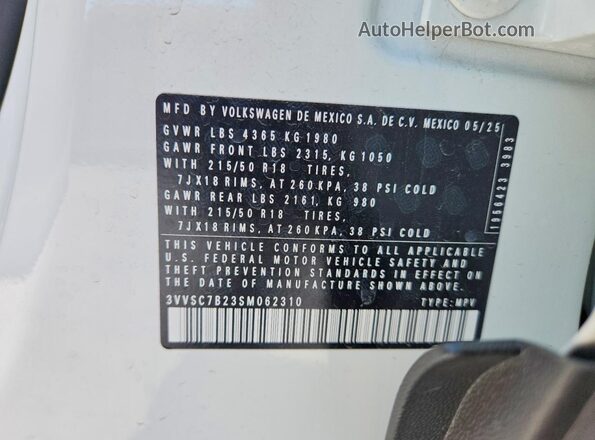 3VVSC7B23SM062310 2025 VOLKSWAGEN TAOS Белый Вид наклейки с VIN-кодом