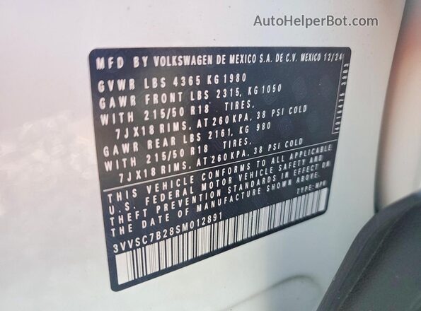 3VVSC7B28SM012891 2025 VOLKSWAGEN TAOS White Widok naklejki z numerem VIN
