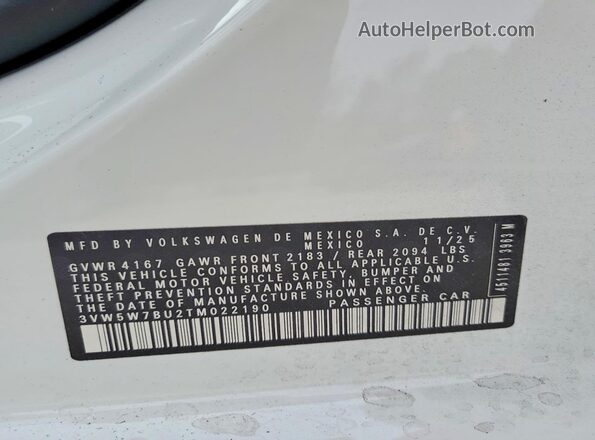 3VW5W7BU2TM022190 2026 VOLKSWAGEN JETTA White VIN კოდის სტიკერის ხედი