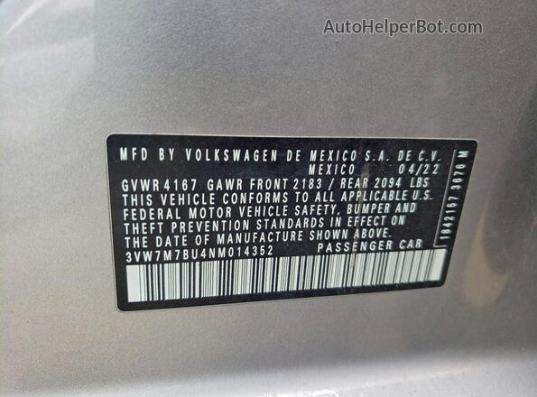 3VW7M7BU4NM014352 2022 VOLKSWAGEN JETTA Серебряный Вид наклейки с VIN-кодом
