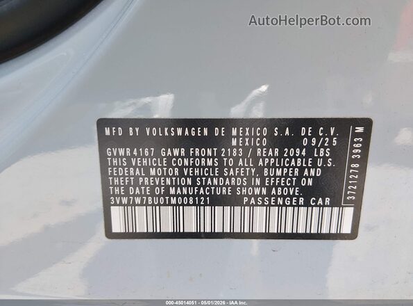 3VW7W7BU0TM008121 2026 VOLKSWAGEN JETTA Light Blue Вид подкапотного пространства