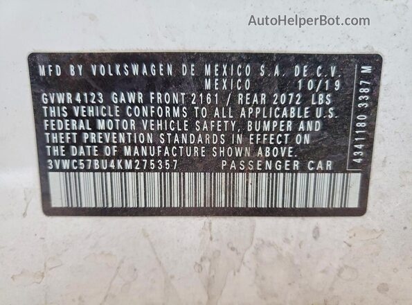 3VWC57BU4KM275357 2019 VOLKSWAGEN JETTA Белый Вид подкапотного пространства