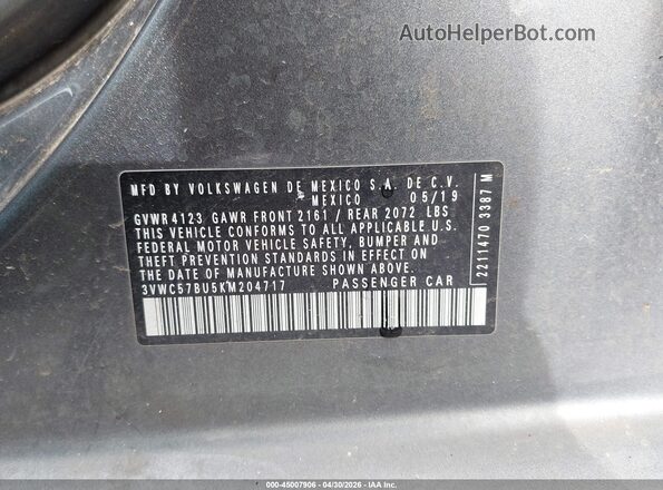 3VWC57BU5KM204717 2019 VOLKSWAGEN JETTA Gray Vista del compartimento del motor