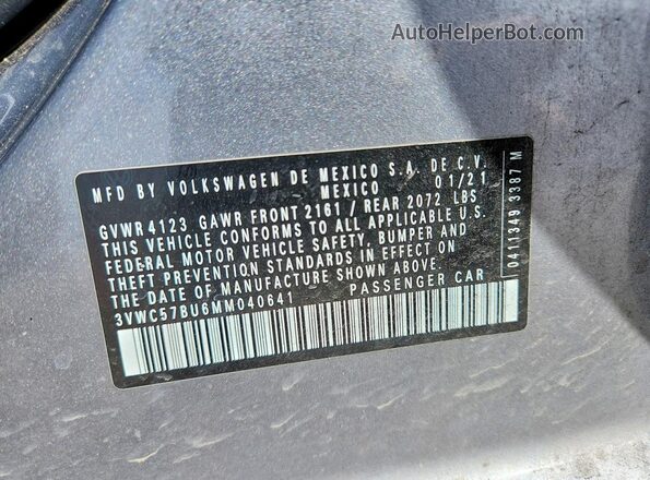 3VWC57BU6MM040641 2021 VOLKSWAGEN JETTA Gray Շարժիչի բաժամունքի տեսք